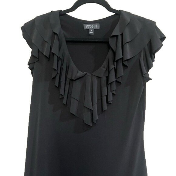ENFOCUS STUDIO ELEGANT BLACK DRESS V NECKLINE RUFFLE TOP SLEEVELESS CAP SLEEVE - Picture 2 of 9